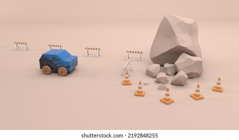 Car Blocked By Rocks, With Detour Signage ( 3d Illustration)