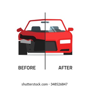 Car Body Frame Repair Illustration, Auto Body Paint Concept, Automobile Service, Vehicle Automotive Technology Help, Before After, Flat Icon Isolated On White Badge, Poster Design Banner Emblem Image