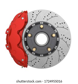 Car Brake Disc and Red Caliper Isolated. 3D rendering