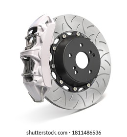 Car brake disk with caliper isolated on white background. Braking system. 3d illustration