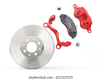 Car brake disk with red caliper. Car brake on a white background. 3d illustration