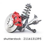 Car brake disk with car suspension elements. Auto parts on a white background. 3d illustration