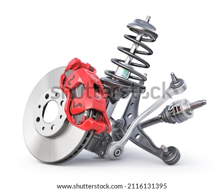 Car brake disk with car suspension elements. Auto parts on a white background. 3d illustration Foto stock © 