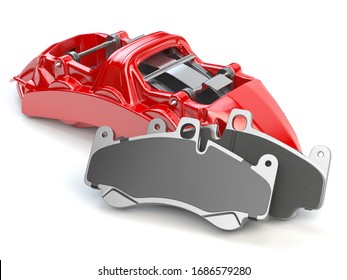 Car brakes. Red caliper and pads. Dsk braking system parts. 3d illustration