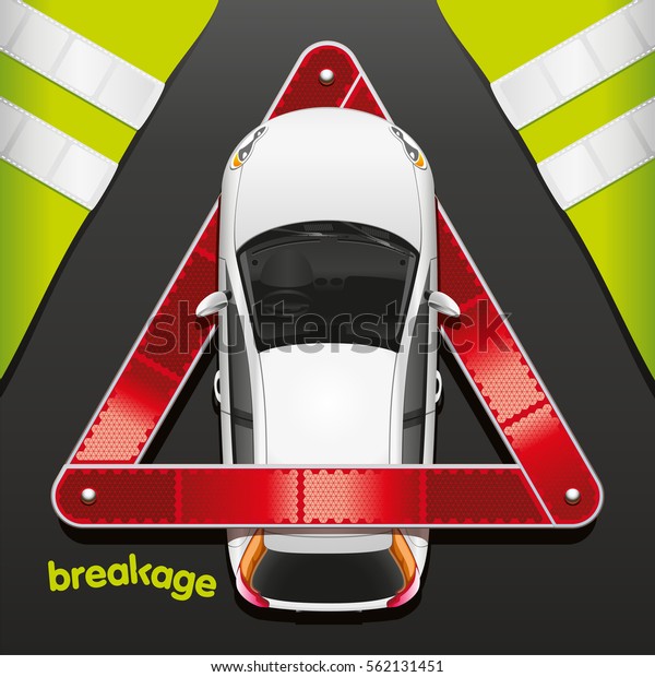 The car\
in a breakdown triangle with protective\
vests