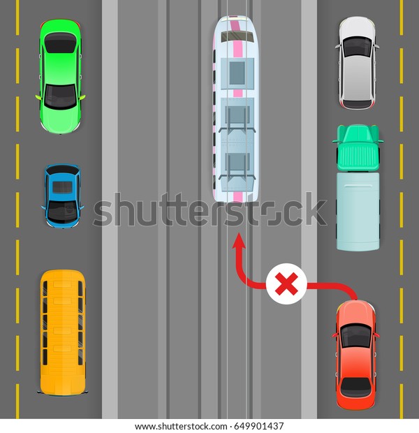 Car breaks traffic rules. Red car goes on\
trolleybus line. Complete breakdown of traffic organization. Auto\
overtaking trolleybus. Overtaking is forbidden. Danger on road. \
illustration