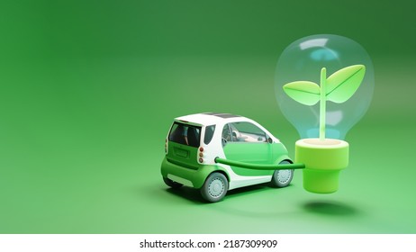 Car Charged With Renewable Energy, 3d Render Illustration, 4k Green Background