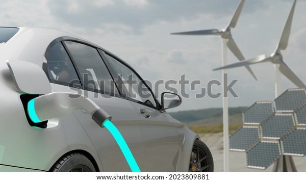 Car charging on the background of a\
windmills and solar panels. Charging electric car. Electric car\
charging on wind turbines background. Vehicles using renewable\
energy. 3d\
visualization