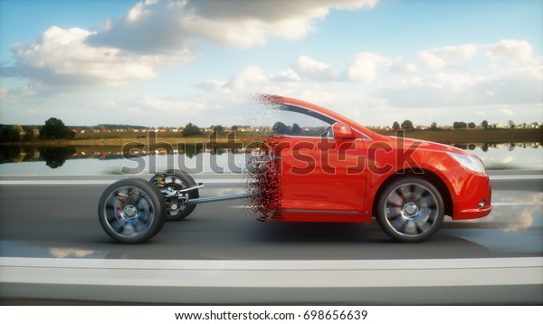 Car chassis with\
engine on highway. Transition with particles. Very fast driving.\
Auto concept. 3d\
rendering