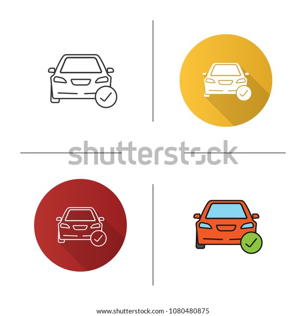 Car with\
check mark icon. Flat design, linear and color styles. Total\
automobile check. Isolated raster\
illustrations