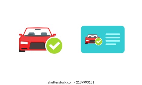 Car Check Safety Inspection Tick Icon Or Auto Vehicle Success Testing Checkmark List Flat Graphic, Red Automobile Health Check Symbol With Green Approved Checkbox Mark