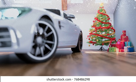 Car In Chrismas Room And Decorated. 3d Rendering And Illustration.