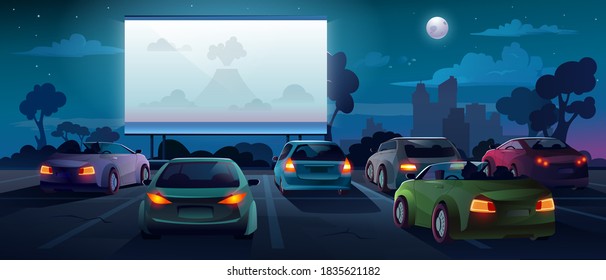 Car cinema or drive in movie theater and auto theatre with outdoor screen, cartoon background. Car cinema or drive movie in open air with people in cars on parking lot watching movie