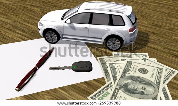 car\
contract - car and 100 dollar bills on white\
paper