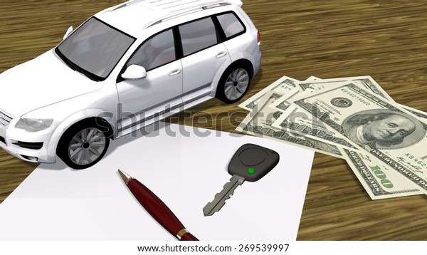 car\
contract - car and 100 dollar bills on white\
paper