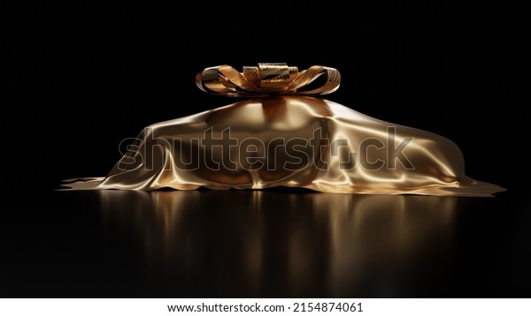 Car covered with gold silk with\
gold bow ribbon isolated on black background. 3d render.\
