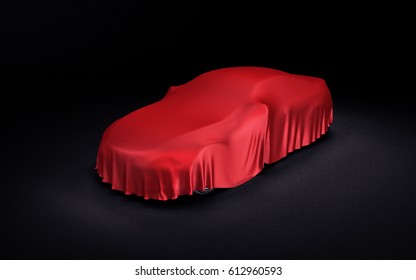 Car Covered With A Red Cloth. 3D Illustration