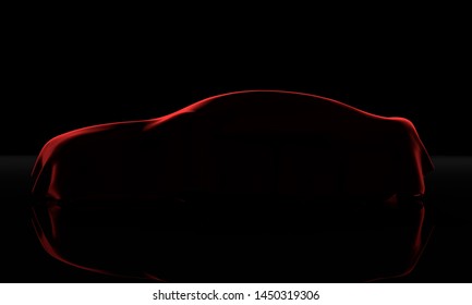 Car covered with a red cloth isolated on a black background. 3D rendering illistration