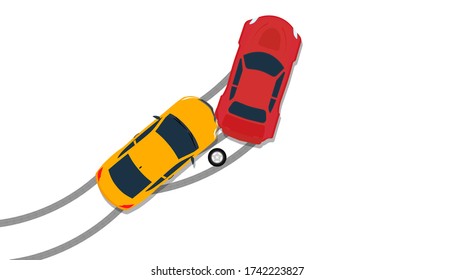 Car Crash Accident Top View Insurance Illustration. Down Broken Claim Automobile Isolated Icon. Flat Driving Street Hit Collision Traffic. Wreck Disaster Smash Crush. Safety Concept