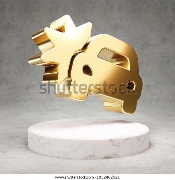 Car Crash icon. Gold glossy\
Car Crash symbol on white marble podium. Modern icon for website,\
social media, presentation, design template element. 3D\
render.