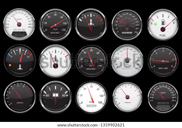 Car\
dashboard gauges. Collection of speed, fuel, temperature devices on\
black background. 3d illustration. Raster\
version