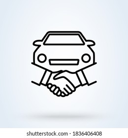 Car Deal With Hand Shake Sign Line Icon Or Logo. Business Shaking Concept. Car Dealer Making A Deal Handshake Linear Illustration.