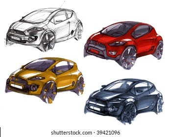 Car design sketches set