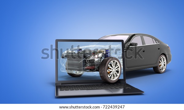 car diagnostic concept black car studio view 3d
render image on blue