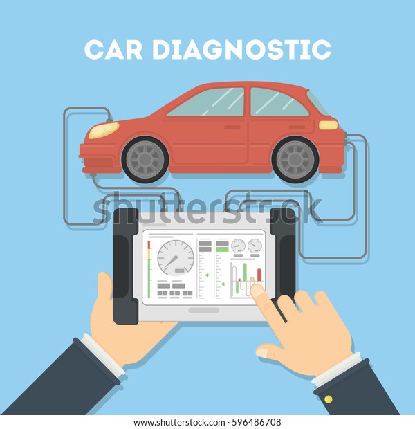 Car diagnostic with\
tablet. Hands holding tablet and testing car. Analyzing and\
monitoring the car.