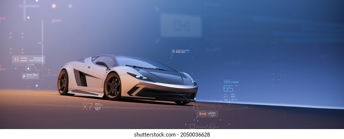 Car diagnostic visualization - futuristic concept (non-existent car design, full generic) - 3d illustration, 3d render