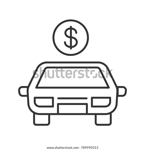 Car with dollar sign linear icon. Automobile.\
Thin line illustration. Taxi price. Contour symbol. Raster isolated\
outline drawing