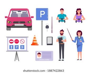 Car driving auto school education and examination set. Isolated man woman student and instructor, driver license, vehicle, road sign, key on whiteboard illustration isolated on white background - Powered by Shutterstock