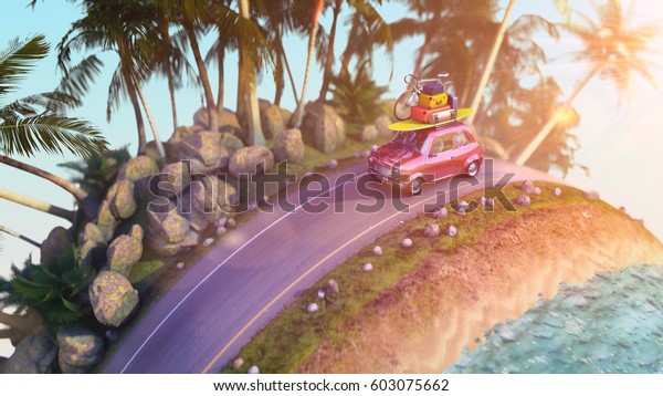 Car driving during sunset - cartoon\
stilization, 3d\
rendering