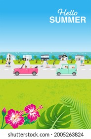 Car Driving In The Seaside Residential Area - Summer Landscape, Vertical, Included Words 