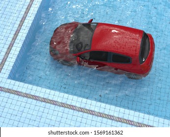 Car Drowned In A Swimming Pool, 3d Illustration