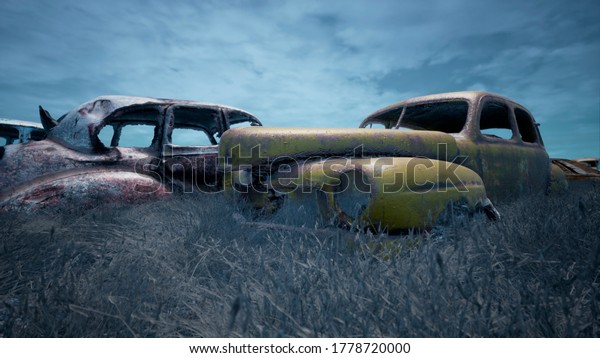 Car dump of old\
abandoned cars. Rusty damaged cars. A lot of destroyed, ruined,\
abandoned cars. 3D\
Rendering