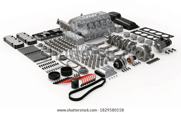 Car engine disassembled. Car engine spare\
parts. 3d\
illustration
