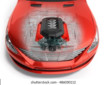 Car Engine Inside The Car 3d Render On White