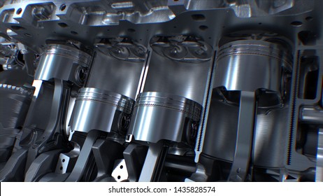 Car Engine Inside, Engine Pistons, Valves And Crankshaft, Piston Ignition Time. 3d Rendering.