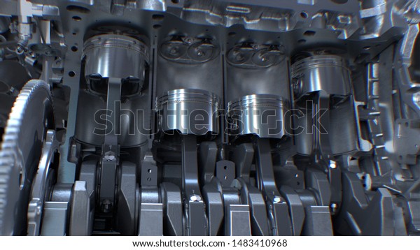 Car Engine inside, Engine\
pistons, valves and crankshaft, Piston ignition time. 3d\
rendering.