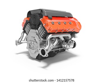 Car Engine Rear View 3d Render On White Background With Shadow