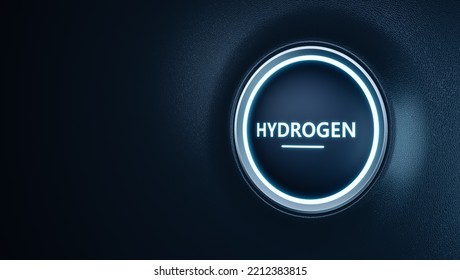 Car Engine Start Button Concept With Hydrogen Word, Clean Power For Green Energy Storage, Zero Emissions Electricity From Fuel Cell Technology, 3d Rendering H2 Gas For Future Electric Vehicle