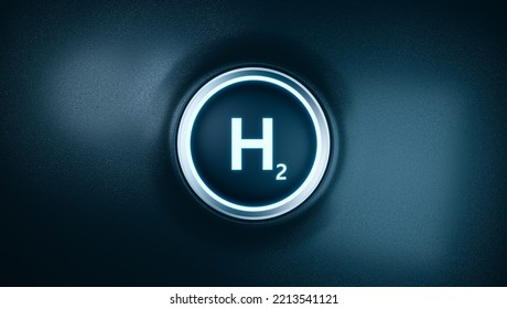 Car Engine Start Button Concept With Hydrogen Word, Clean Power For Green Energy Storage, Zero Emissions Electricity From Fuel Cell Technology, 3d Rendering H2 Gas For Future Electric Vehicle