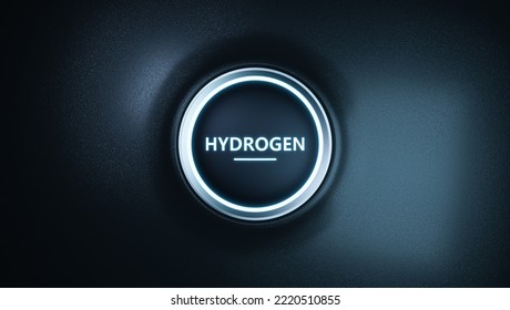 Car Engine Start Button Concept With Hydrogen Word, Clean Power For Green Energy Storage, Zero Emissions Electricity From Fuel Cell Technology, 3d Rendering H2 Gas For Future Electric Vehicle