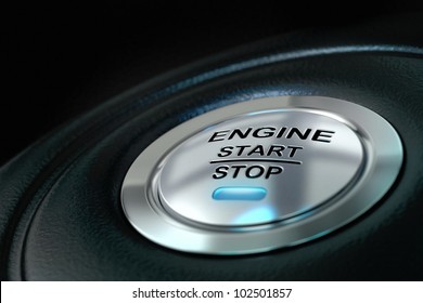 Car engine start and stop button with blue light, black textured background, close up and details on the text