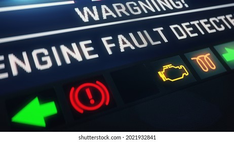 Car Engine Trouble, Warning, Engine Fault Detected Message On Car Dashboard. 3d Illustration