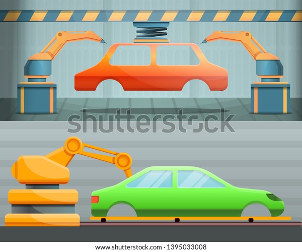 Car factory banner set. Cartoon\
illustration of car factory banner set for web\
design