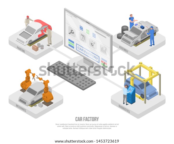 Car\
factory production concept banner. Isometric illustration of car\
factory production concept banner for web\
design