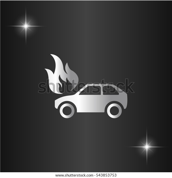 Car fire Icon Illustration. Silver flat icon on\
black background with\
star