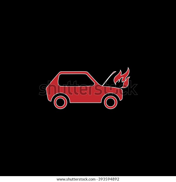 Car fired. flat symbol pictogram on\
black background. red simple icon with white\
stroke